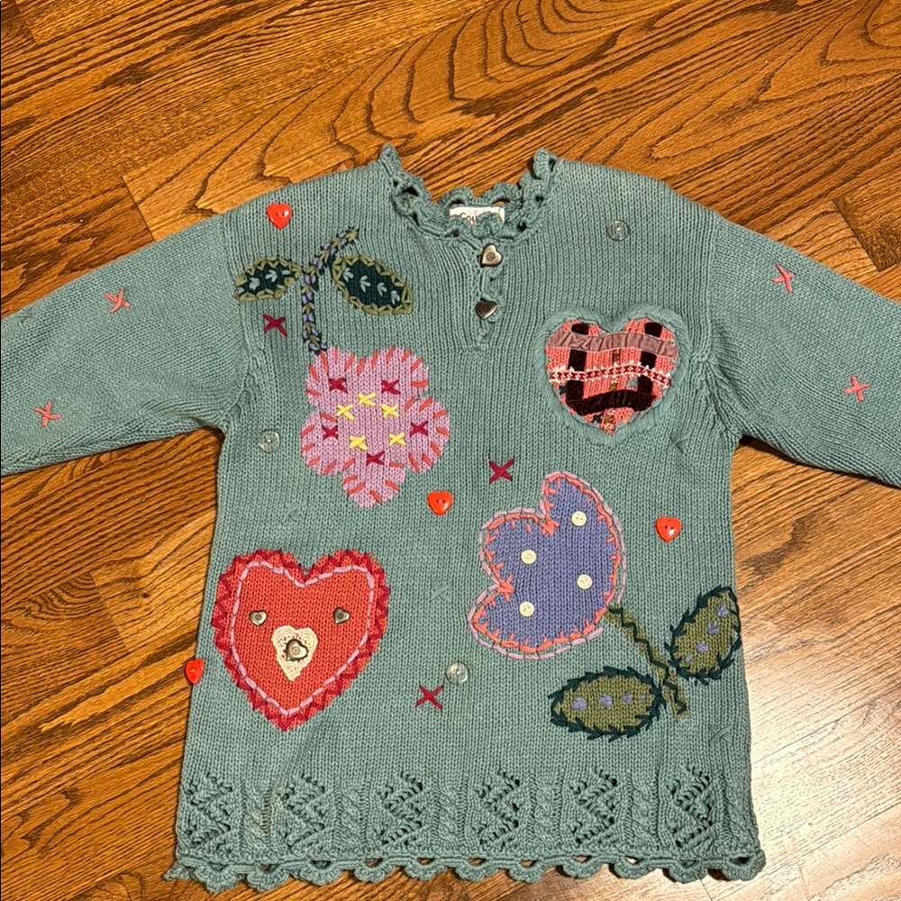 Country Suburban cotton ramie HEARTS and Flowers sweater